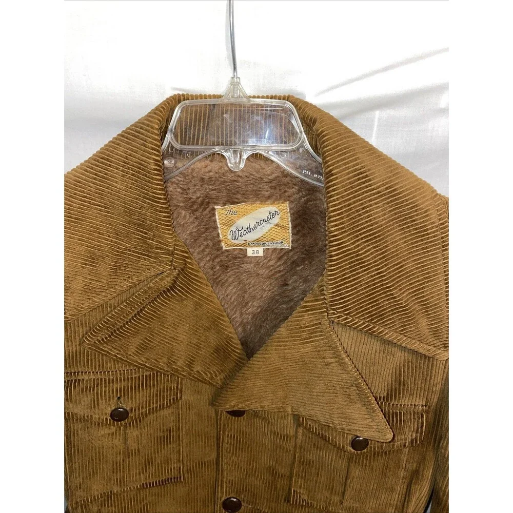 Weathercaster Men’s Corduroy Coat Size Medium Brown Fleece Lined Belted Outdoors - Picture 3 of 12